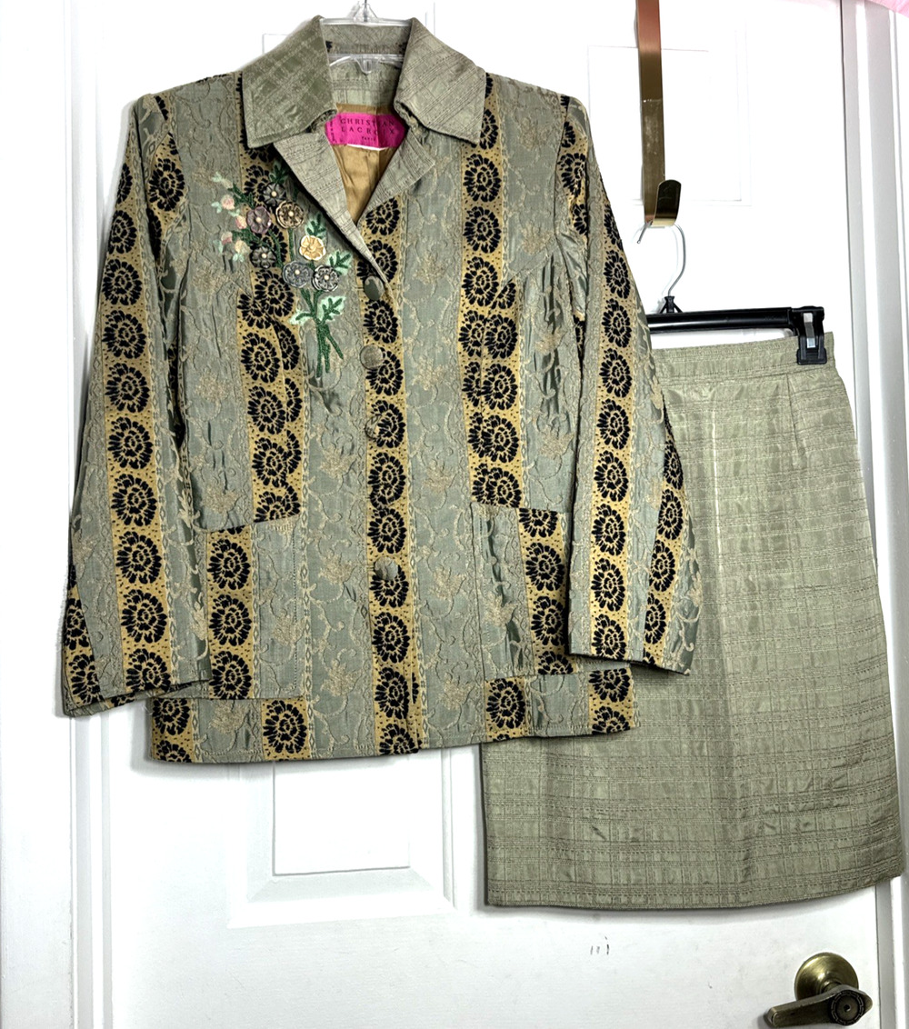 VTG Christian Lacroix 2PC Brocade Skirt Suit Olive Pink Baroque Haute Couture M